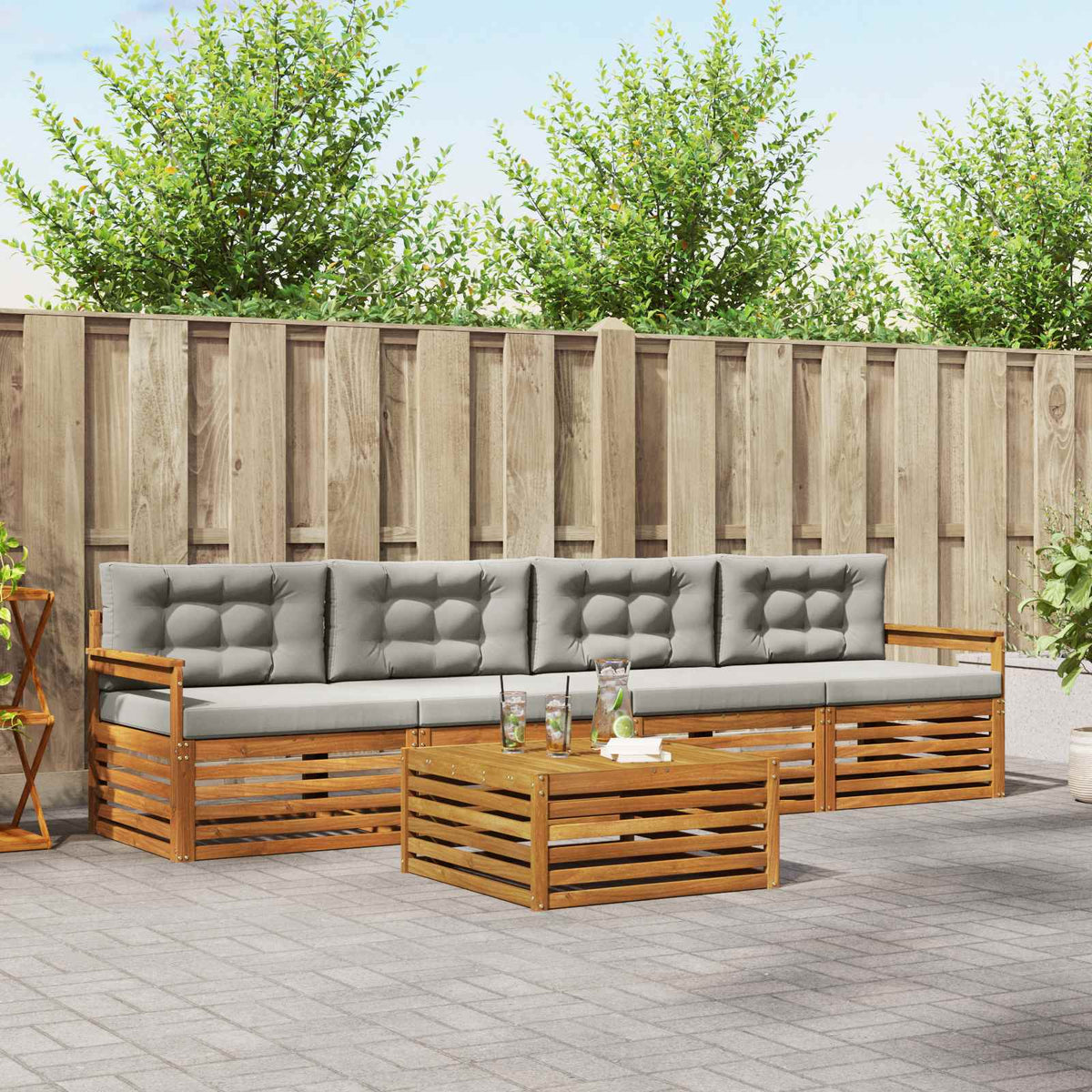 Buiten bankenset met kussen 5 pcs Natuurlijk en Lichtgrijs is nu te koop bij PeponiXL, paradijselijk wonen!