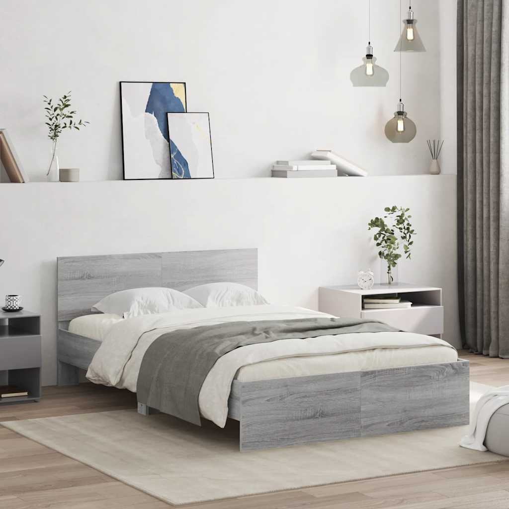 Bedframe met hoofdeinde grijs sonoma eikenkleurig 135x190 cm is nu te koop bij PeponiXL, paradijselijk wonen!