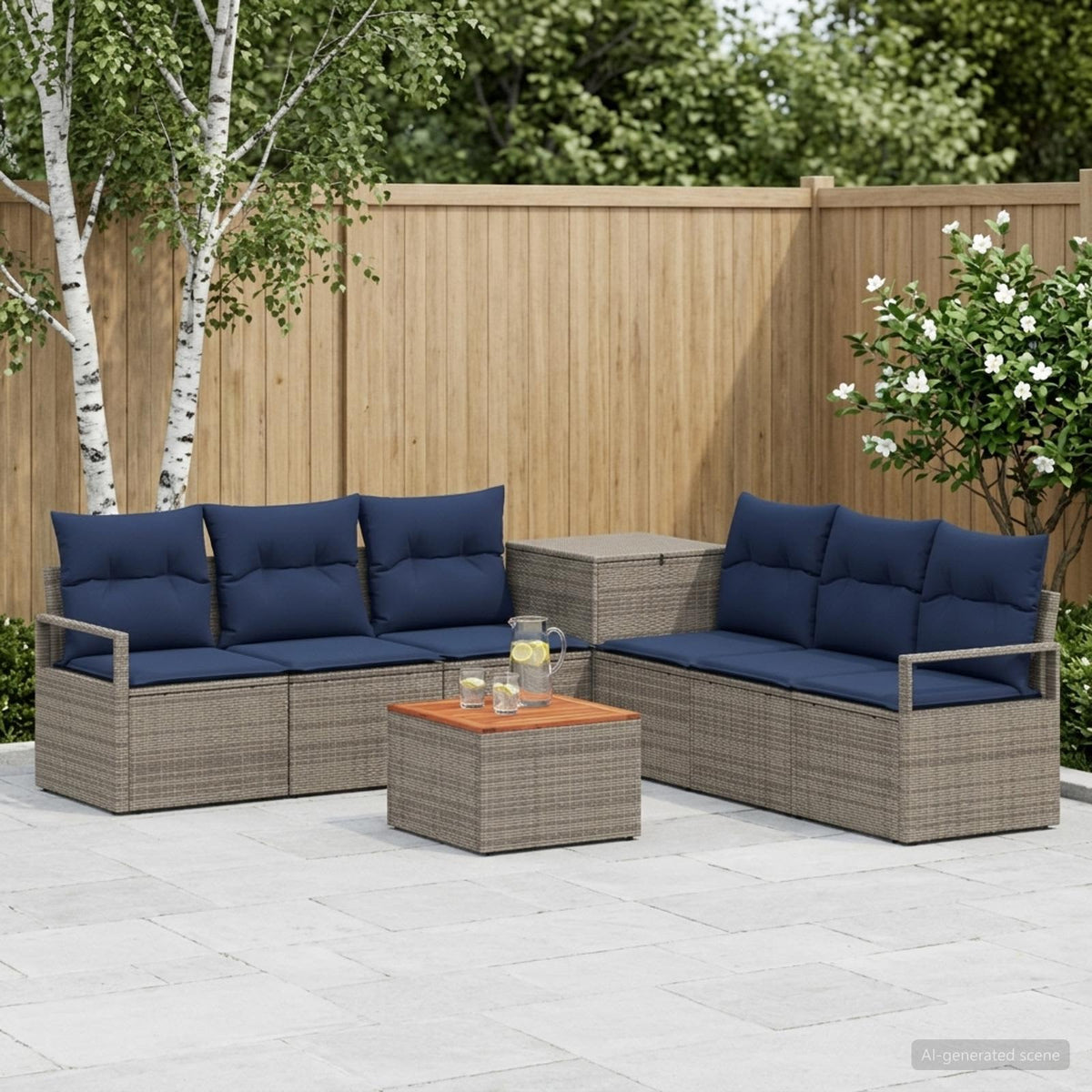 Bankstel 8 st Grijs en Marineblauw Poly Rattan en Staal is nu te koop bij PeponiXL, paradijselijk wonen!