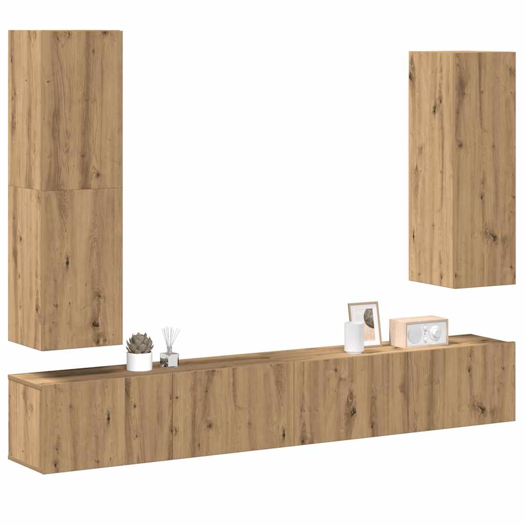 4-delig Tv-meubelset wandmontage bewerkt hout artisanaal eiken is nu te koop bij PeponiXL, paradijselijk wonen!