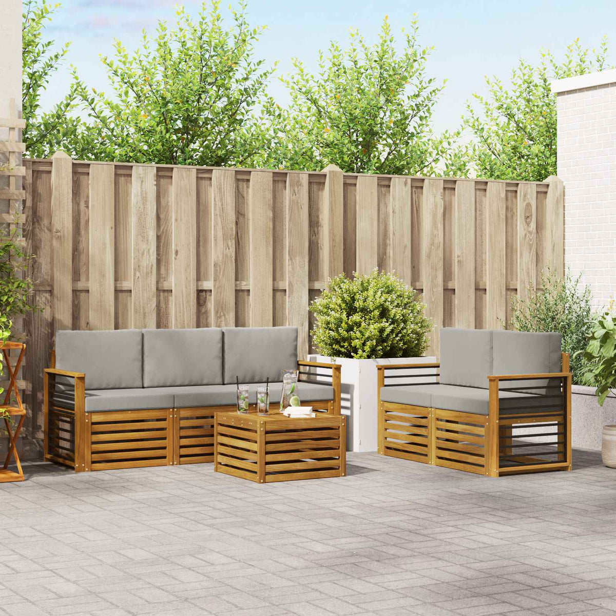 Sofa-Sets 6 pcs Natuurlijk en Lichtgrijs Massief Acaciahout is nu te koop bij PeponiXL, paradijselijk wonen!