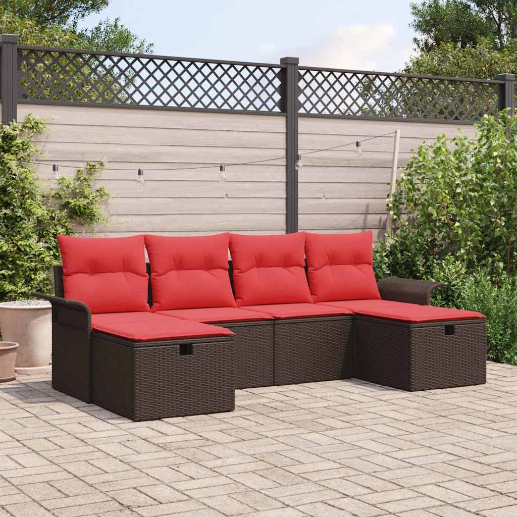 Tuin Sofa Set met kussen 6 pcs Bruin en Rood poly rattan is nu te koop bij PeponiXL, paradijselijk wonen!