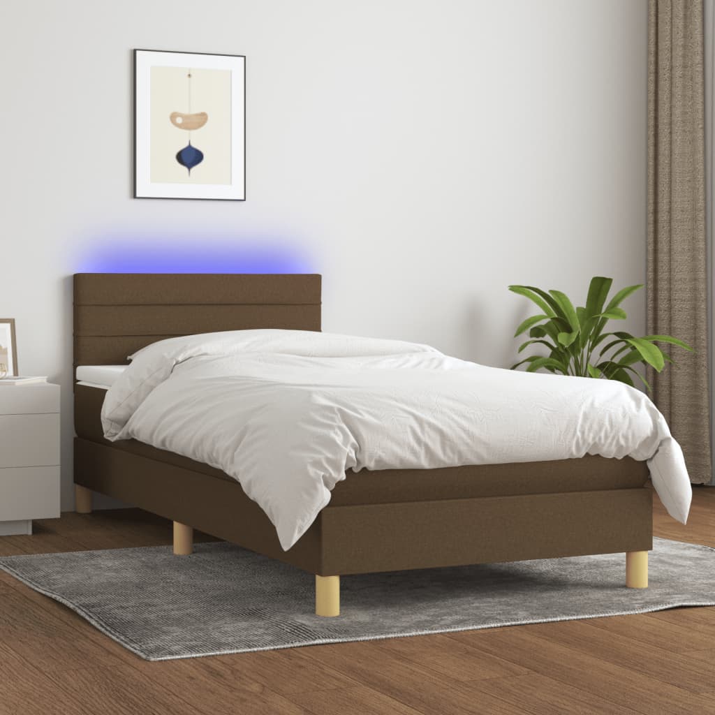 Boxspring met matras en LED stof donkerbruin 90x190 cm is nu te koop bij PeponiXL, paradijselijk wonen!