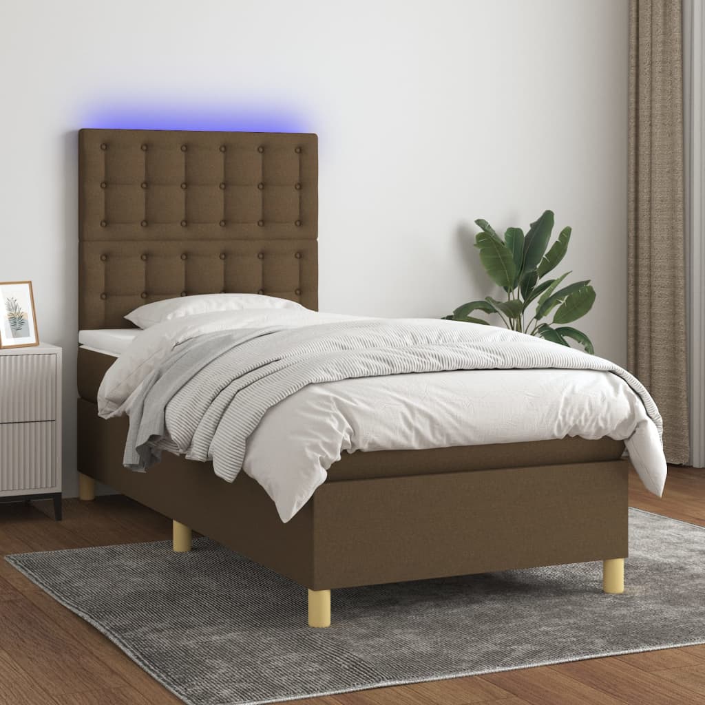 Boxspring met matras en LED stof donkerbruin 90x190 cm is nu te koop bij PeponiXL, paradijselijk wonen!