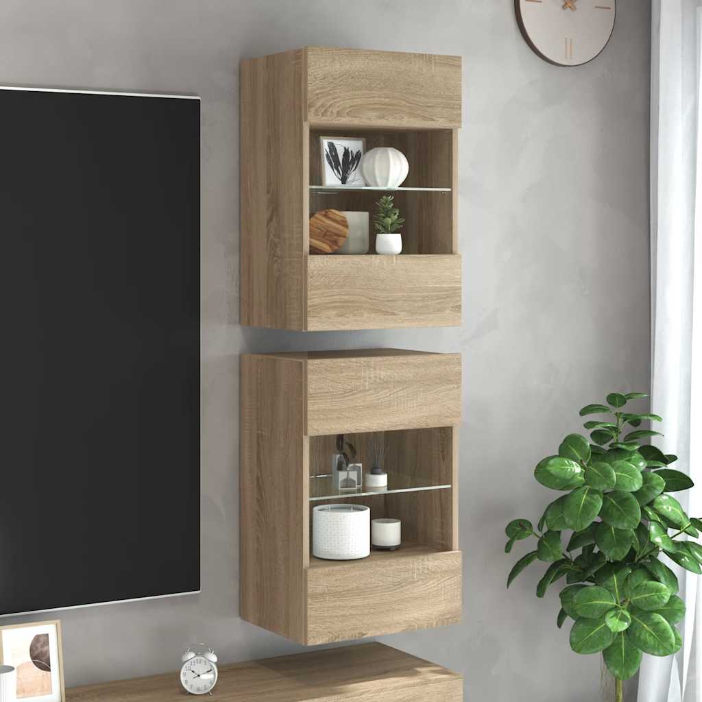 Wandkasten met LED-verlichting voor tv 2 st 40x30x60,5 cm sonoma eikenkleurig is nu te koop bij PeponiXL, paradijselijk wonen!