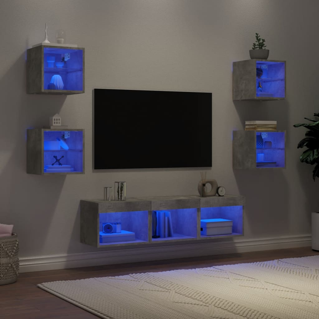 7-delige Tv-wandmeubelset met LED bewerkt hout betongrijs is nu te koop bij PeponiXL, paradijselijk wonen!