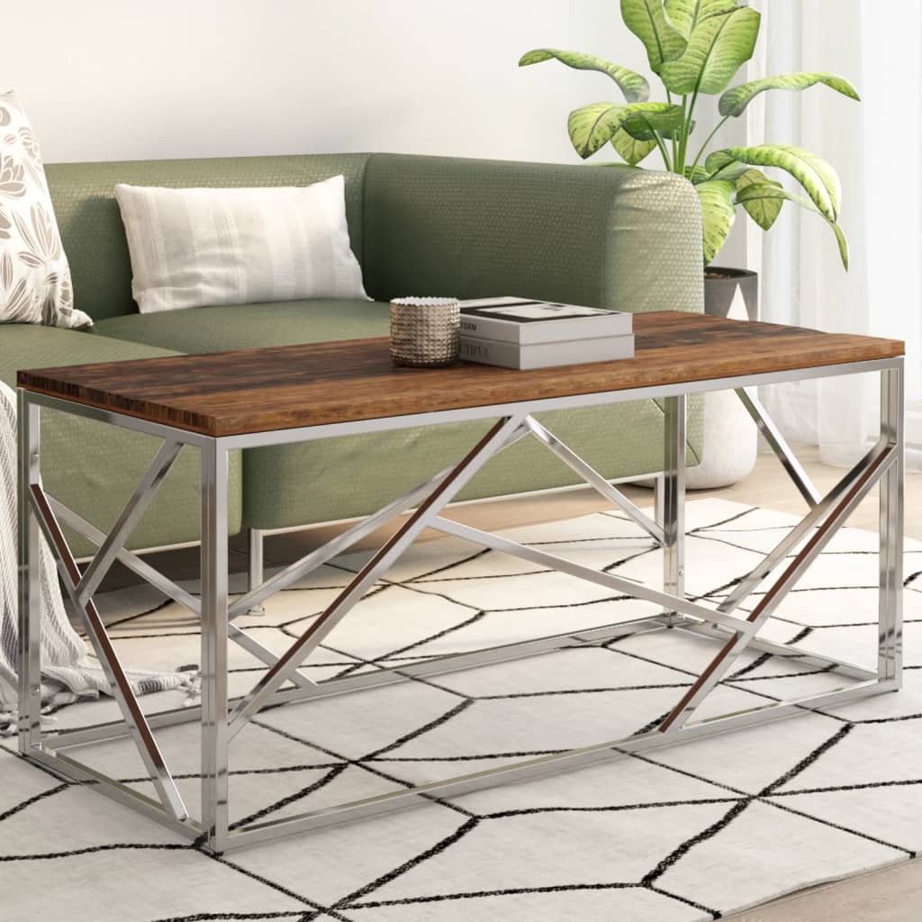 Salontafel roestvrij staal en massief bielshout zilverkleurig is nu te koop bij PeponiXL, paradijselijk wonen!