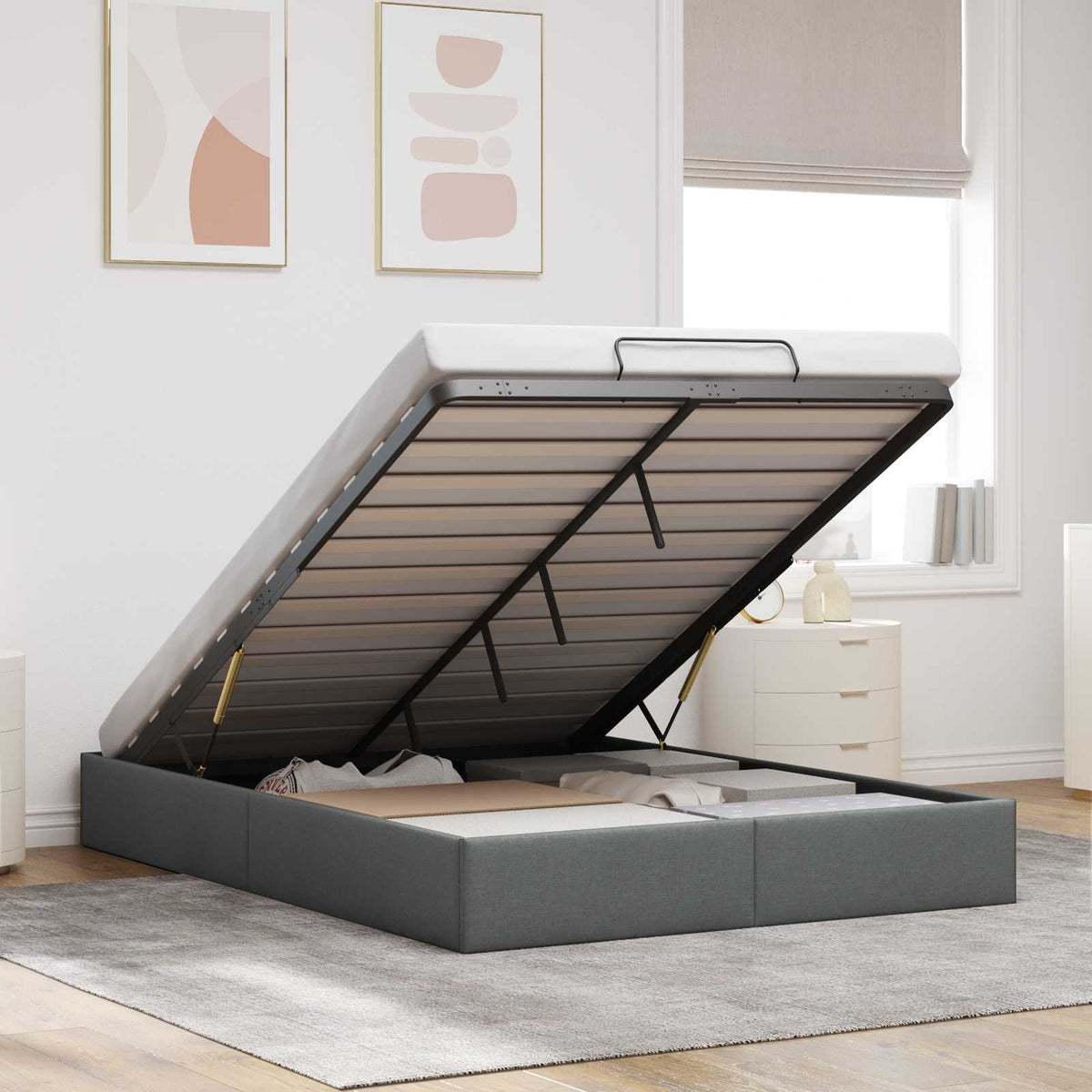 Ottoman Bedframe Donkergrijs 153 x 203 cm Stof is nu te koop bij PeponiXL, paradijselijk wonen!