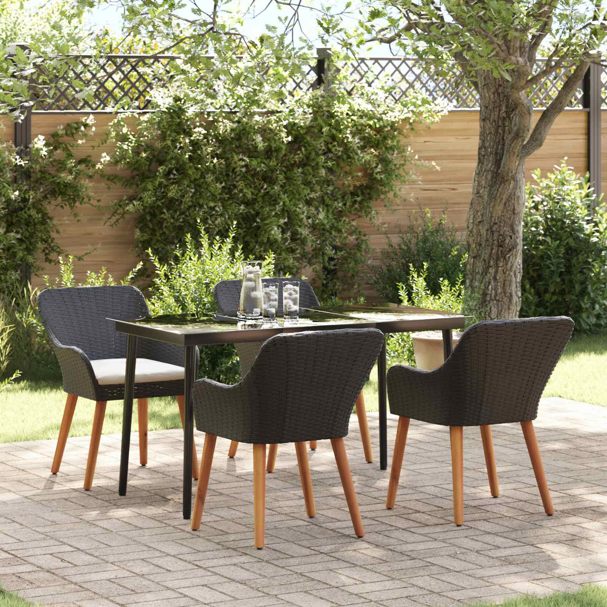 Tuin eettafelset met kussen 5 pcs Zwart poly rattan is nu te koop bij PeponiXL, paradijselijk wonen!