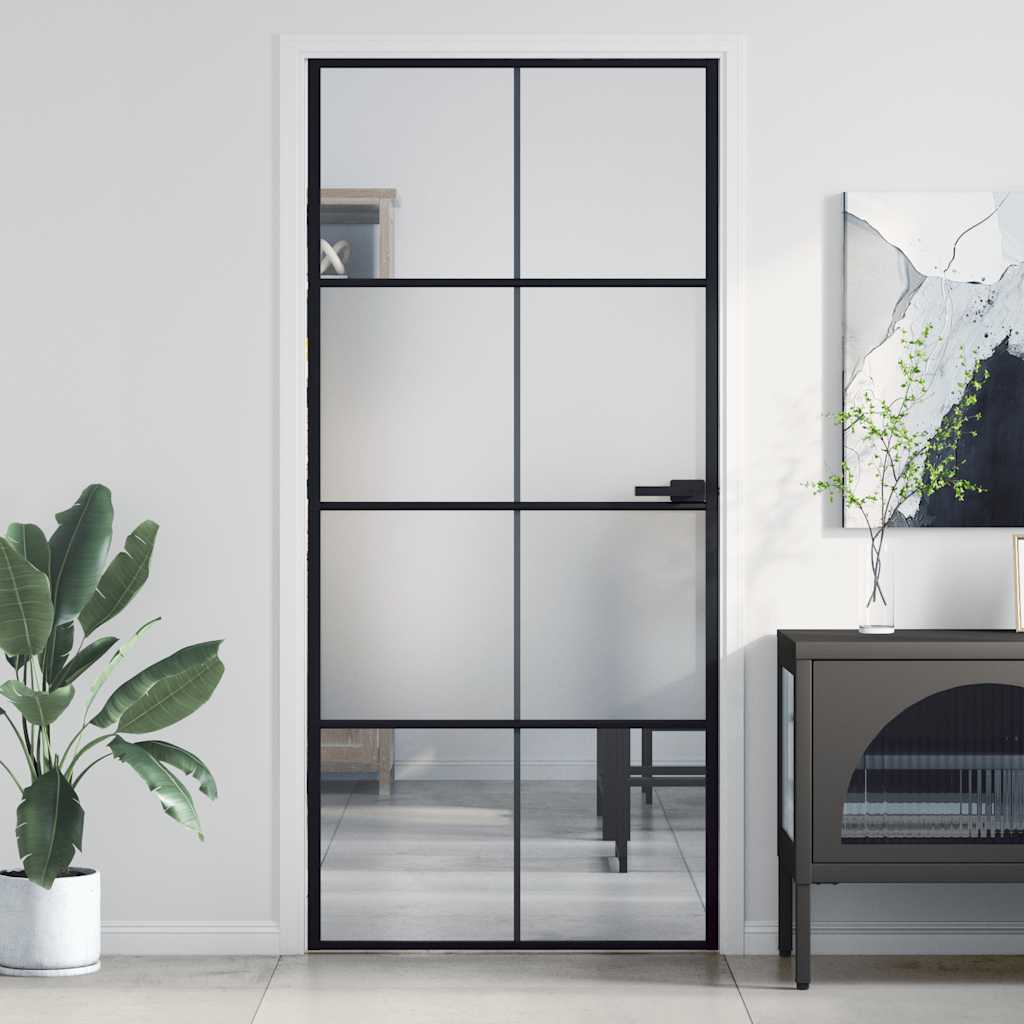 Binnendeur smal 93x201,5 cm gehard glas en aluminium zwart is nu te koop bij PeponiXL, paradijselijk wonen!