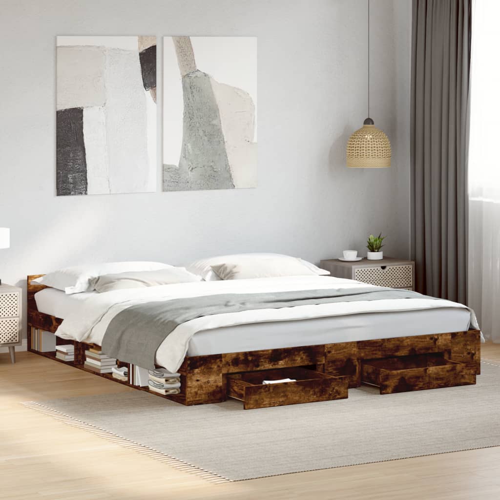 Bedframe met lades bewerkt hout gerookt eikenkleurig 200x200 cm is nu te koop bij PeponiXL, paradijselijk wonen!