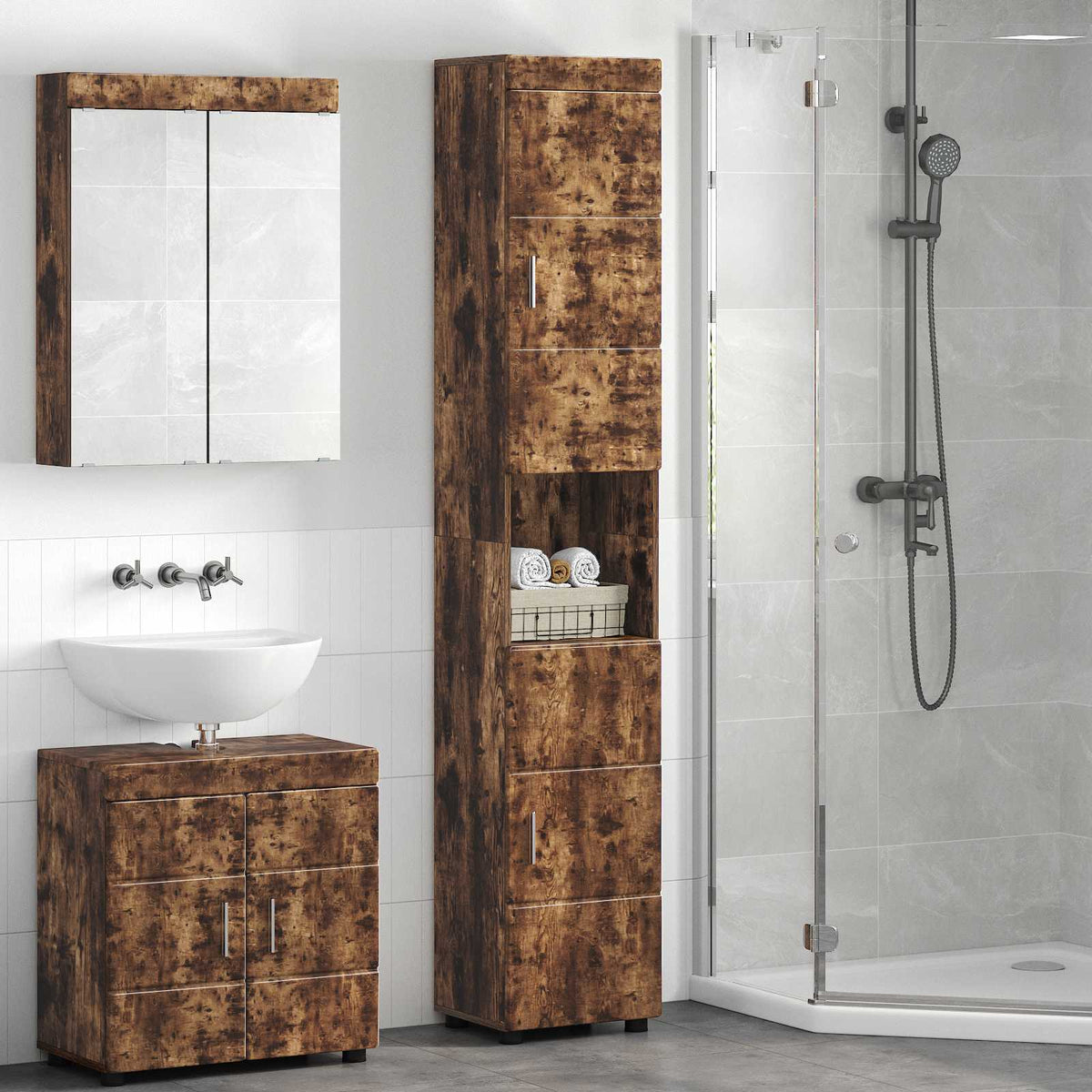 Badkamerkastenset TULUM Gerookt eiken 37 x 31,5 x 203 cm is nu te koop bij PeponiXL, paradijselijk wonen!