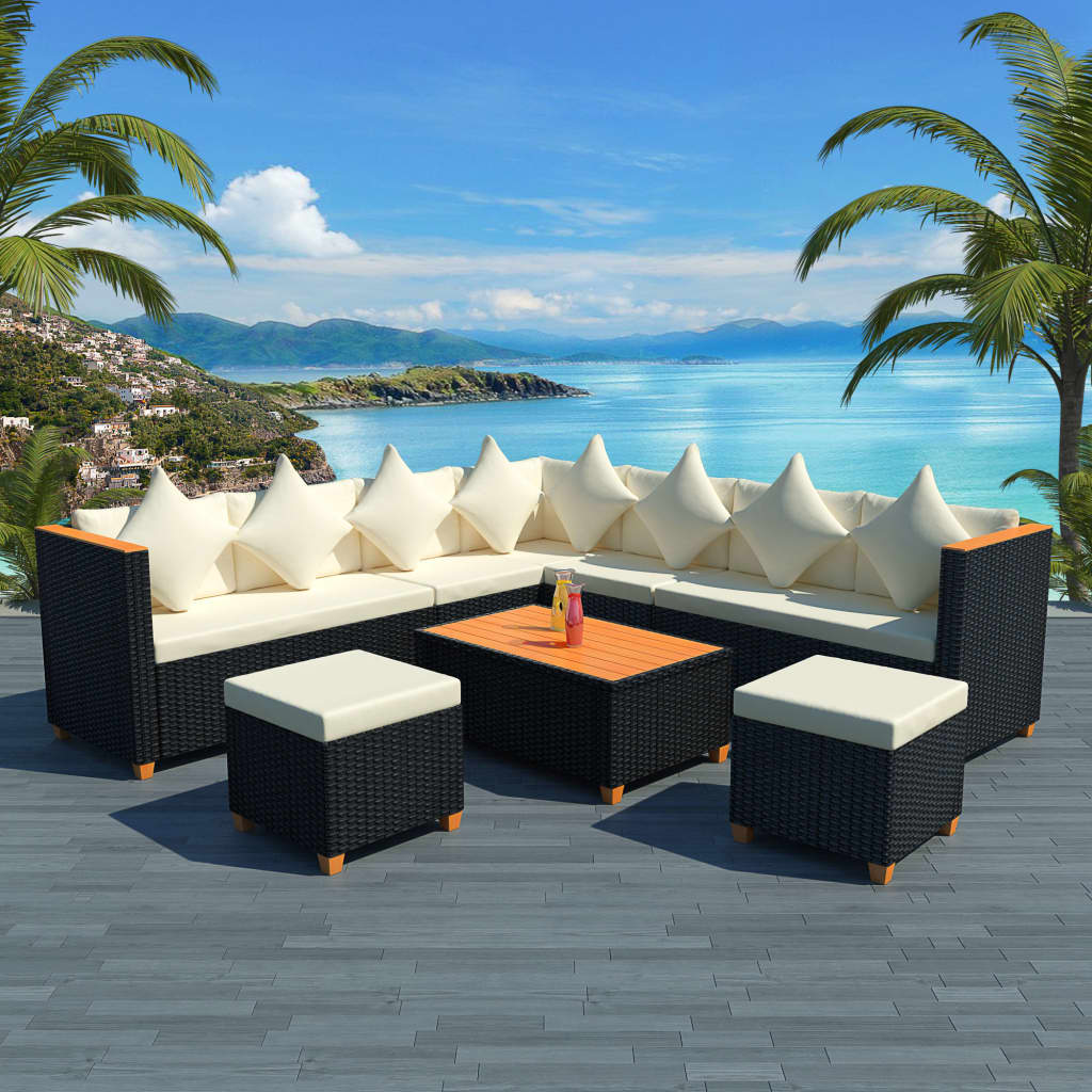 7-delige Loungeset met kussens poly rattan zwart is nu te koop bij PeponiXL, paradijselijk wonen!