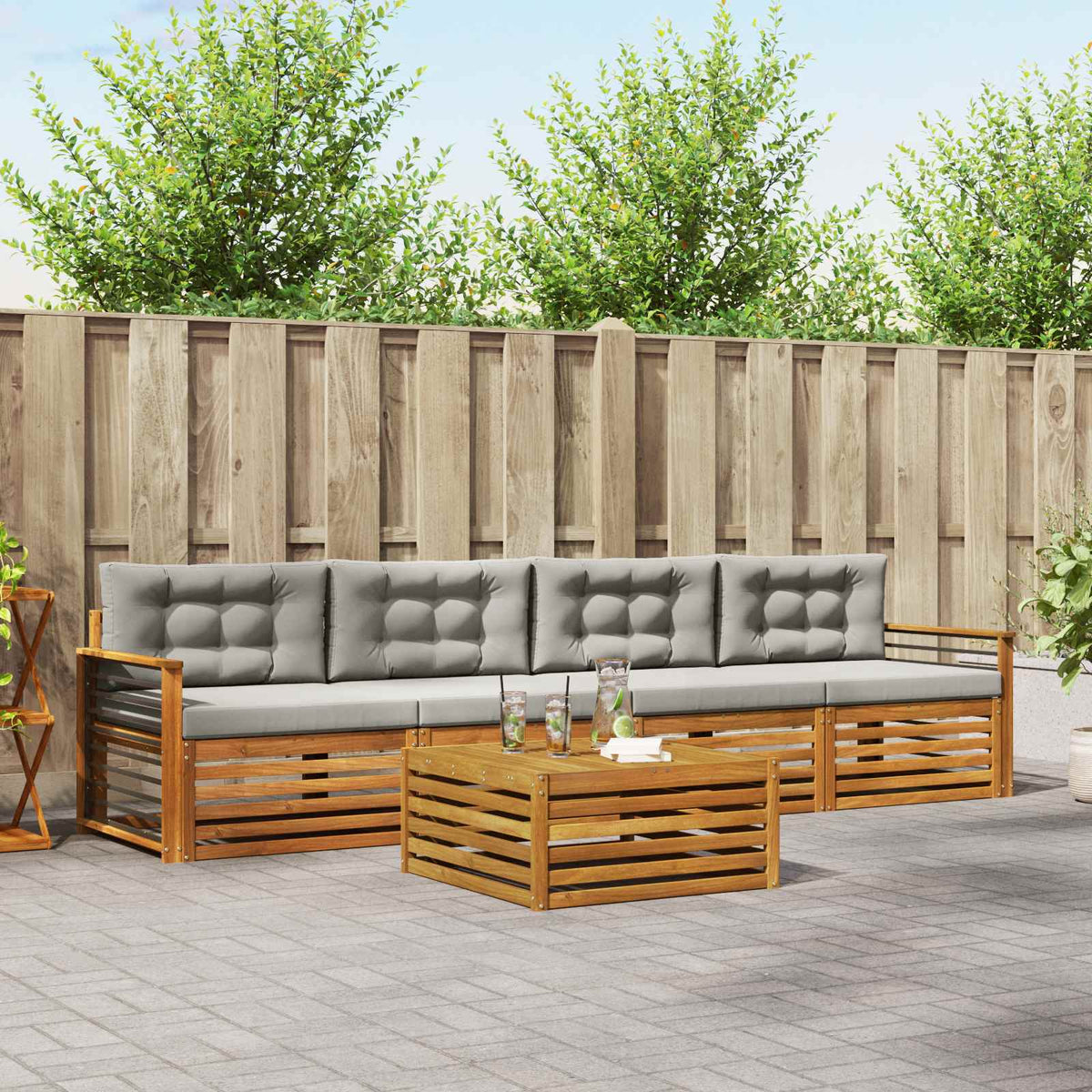 Buiten bankenset met kussen 5 pcs Natuurlijk en Lichtgrijs is nu te koop bij PeponiXL, paradijselijk wonen!