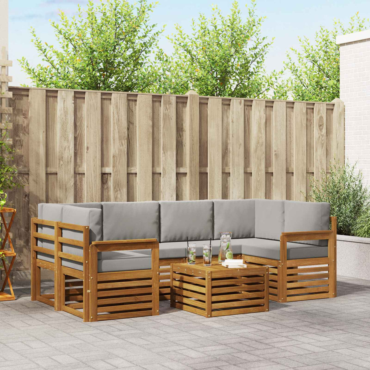 Buiten bankenset met kussen 7 pcs Natuurlijk en Lichtgrijs is nu te koop bij PeponiXL, paradijselijk wonen!