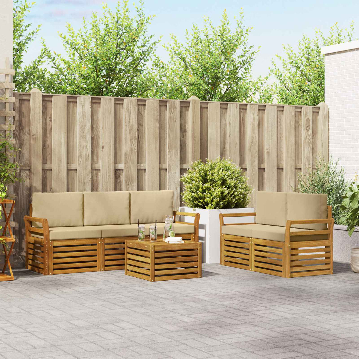 Sofa-Sets 6 pcs Natuurlijk en Beige Massief Acaciahout is nu te koop bij PeponiXL, paradijselijk wonen!
