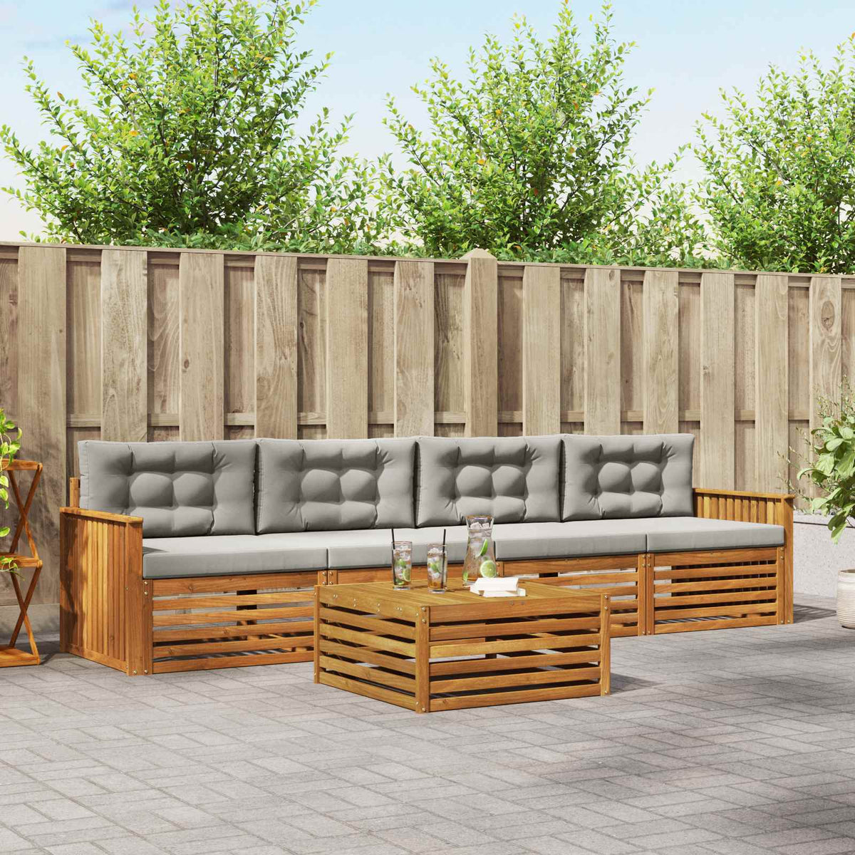 Buiten bankenset met kussen 5 pcs Natuurlijk en Lichtgrijs is nu te koop bij PeponiXL, paradijselijk wonen!