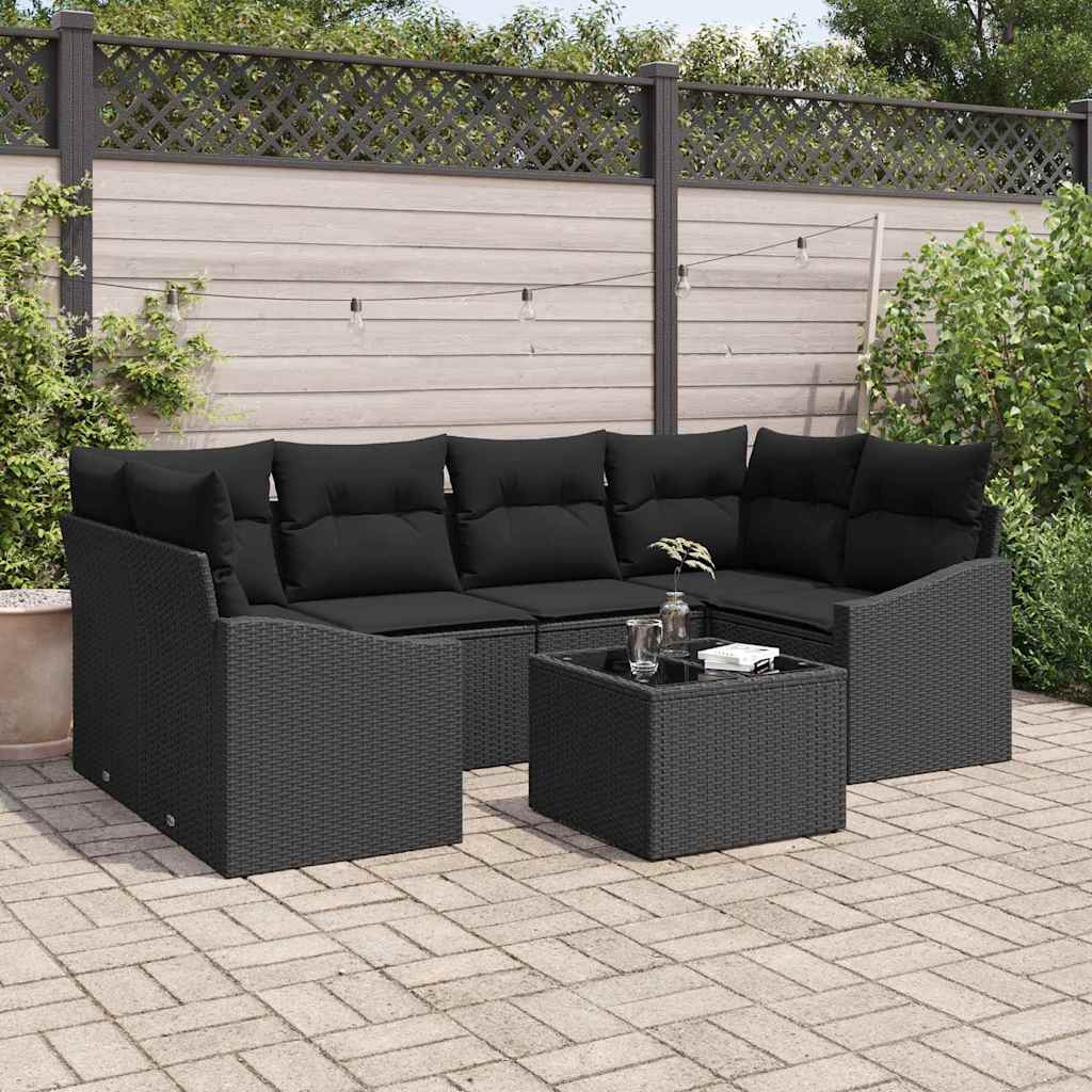 Bankstel met kussen met kussen 7 pcs Zwart poly rattan is nu te koop bij PeponiXL, paradijselijk wonen!