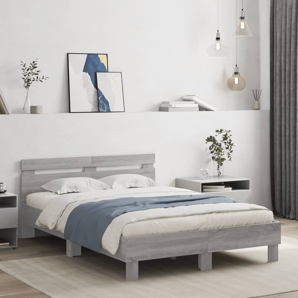 Bedframe met hoofdeinde grijs sonoma eiken 135x190 cm is nu te koop bij PeponiXL, paradijselijk wonen!