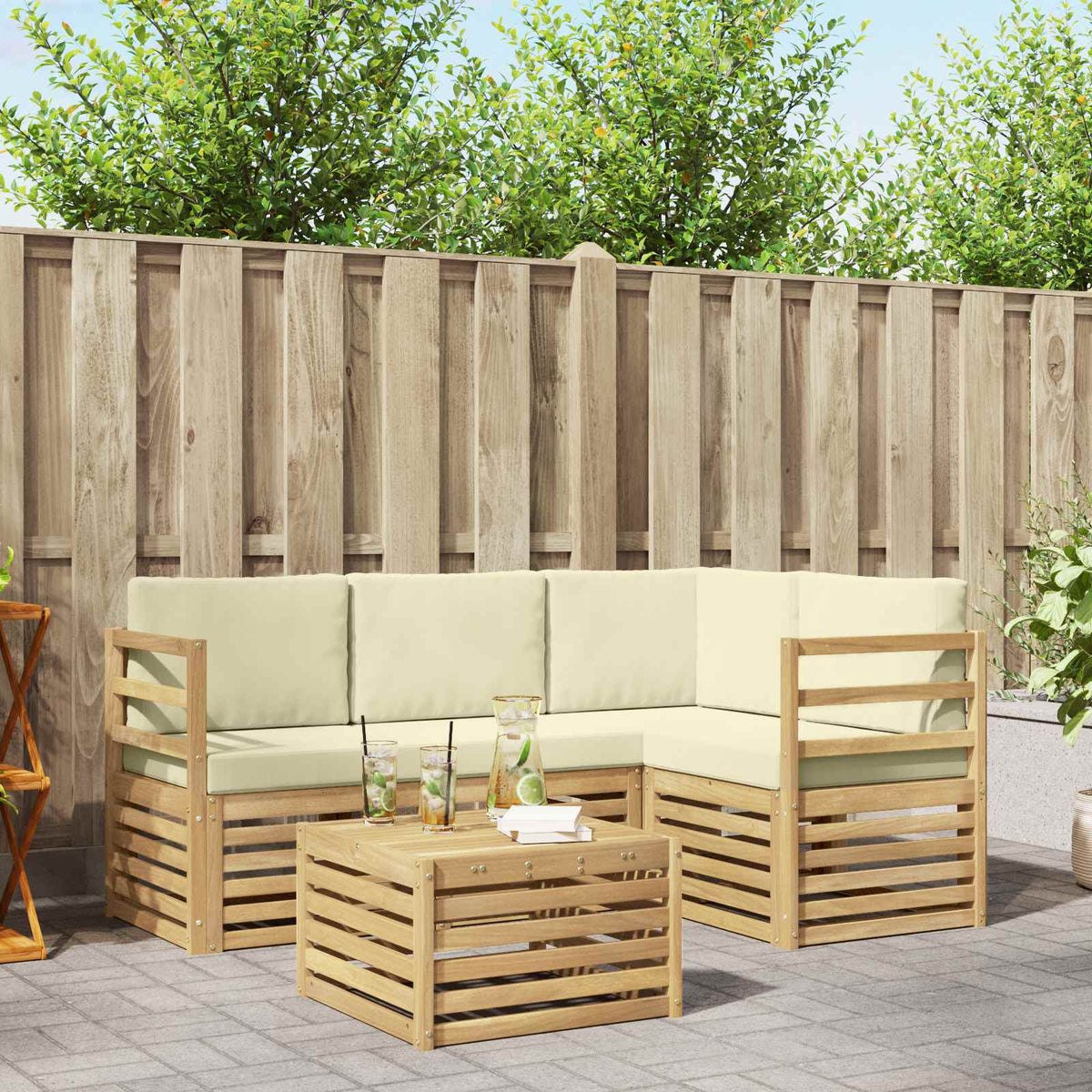 Buiten bankenset met kussen 5 pcs Wit en crèmekleurig Polyester is nu te koop bij PeponiXL, paradijselijk wonen!