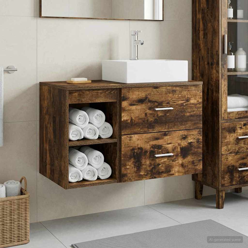 Badkamermeubelset 2 pcs Gerookt eiken Bewerkt hout is nu te koop bij PeponiXL, paradijselijk wonen!