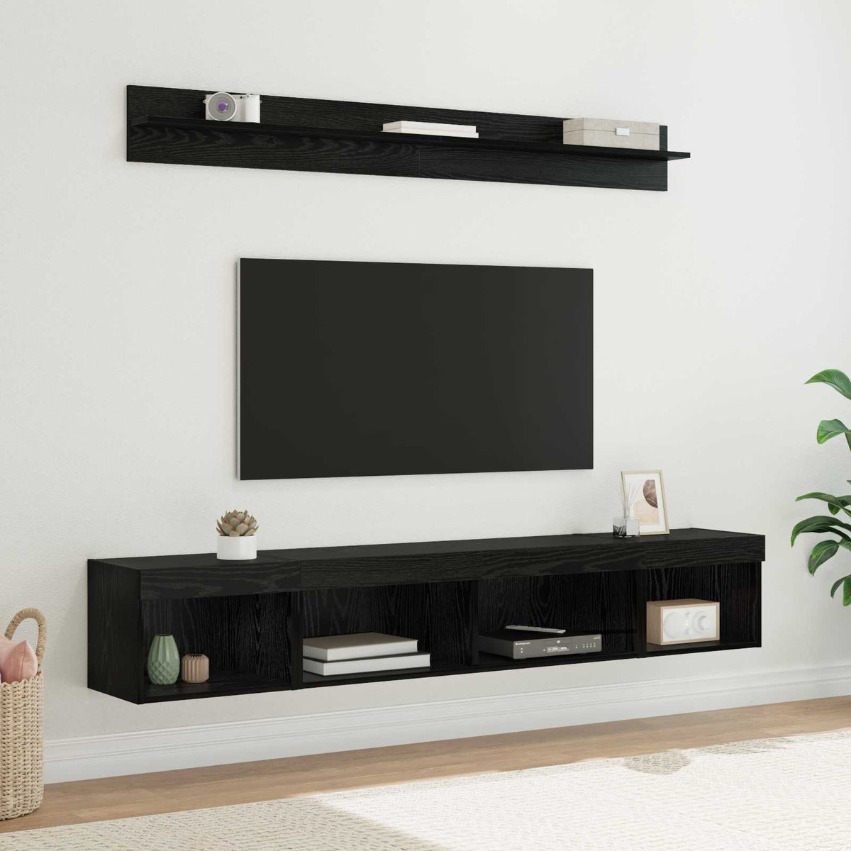 TV Wandkast Set met LED 5 pcs Zwart Eiken Bewerkt hout is nu te koop bij PeponiXL, paradijselijk wonen!