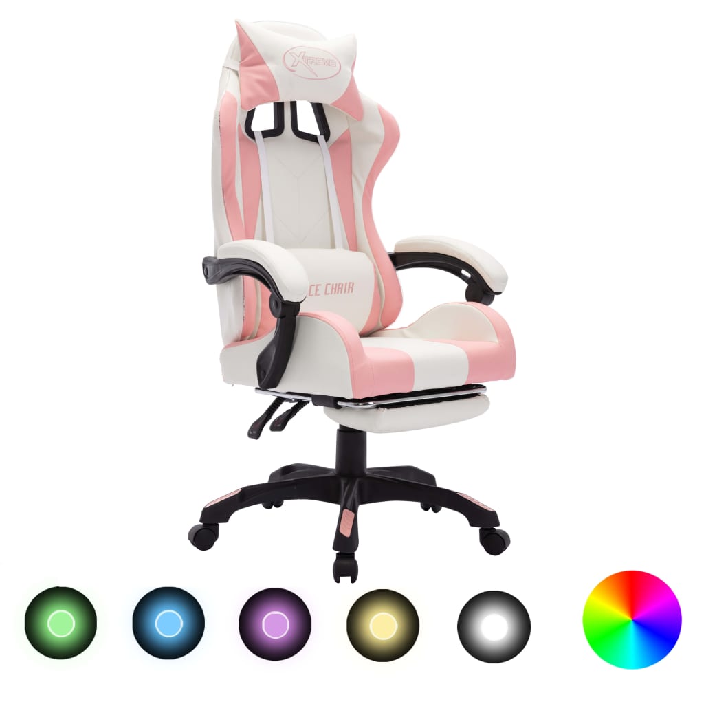 Racestoel met RGB LED-verlichting kunstleer roze en wit is nu te koop bij PeponiXL, paradijselijk wonen!