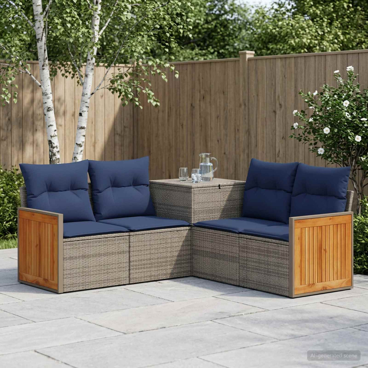 Bankstel 5 st Grijs en Marineblauw Poly Rattan en Staal is nu te koop bij PeponiXL, paradijselijk wonen!