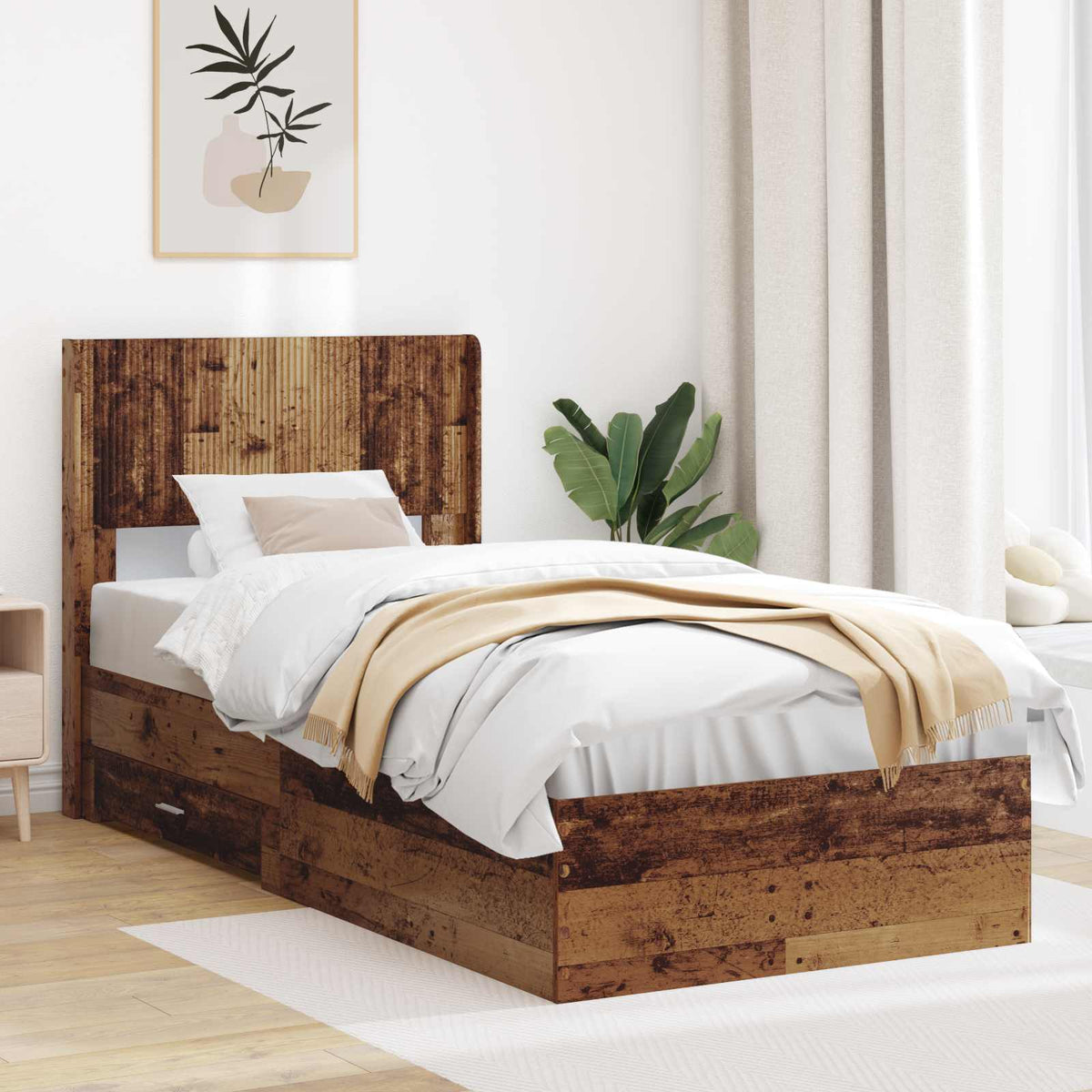 Bedframe met opbergruimte en hoofdbord Oud hout 100 x 200 cm is nu te koop bij PeponiXL, paradijselijk wonen!