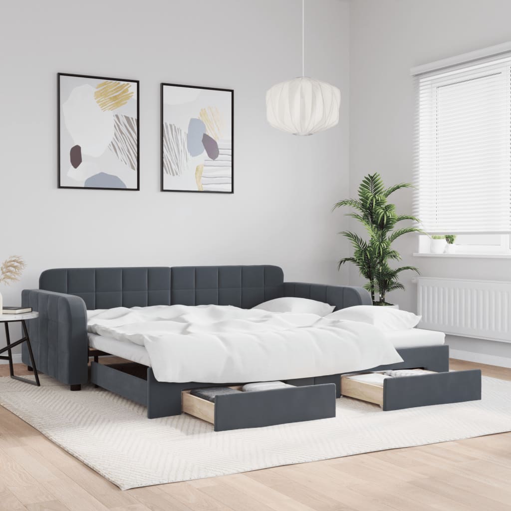 Slaapbank onderschuifbed lades 100x200 cm fluweel donkergrijs is nu te koop bij PeponiXL, paradijselijk wonen!