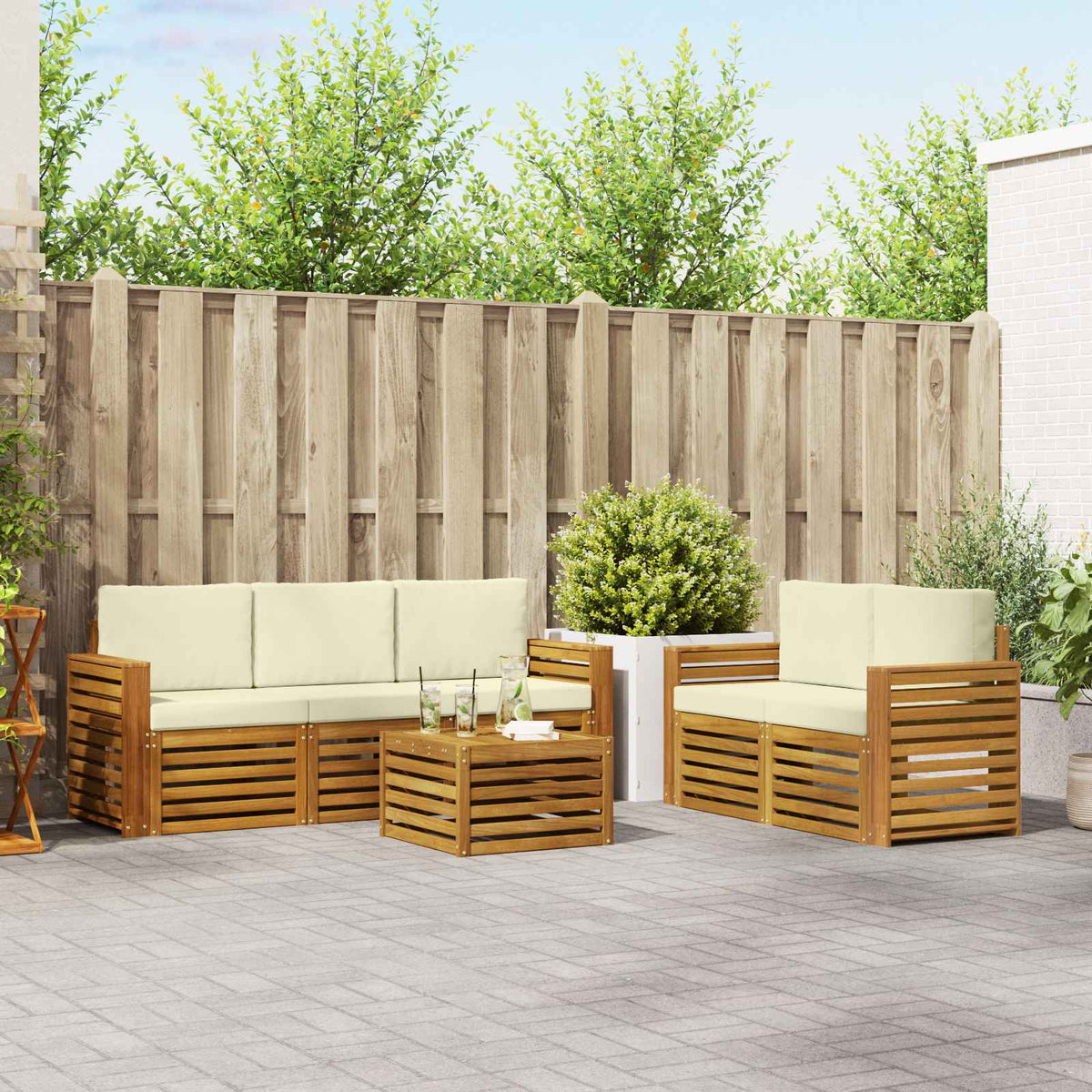Sofa-Sets 6 pcs Natuurlijk en Crème Massief Acaciahout is nu te koop bij PeponiXL, paradijselijk wonen!