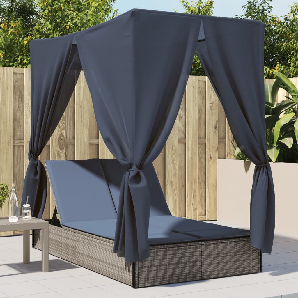 Ligbed tweepersoons met dak en gordijn poly rattan grijs is nu te koop bij PeponiXL, paradijselijk wonen!
