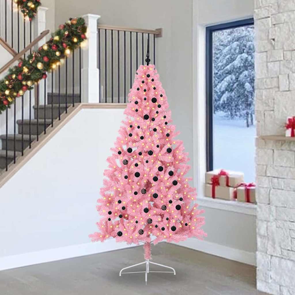 Kunstmatig Voorverlicht Kerstboom met 300 LED Roze 240 cm PVC is nu te koop bij PeponiXL, paradijselijk wonen!