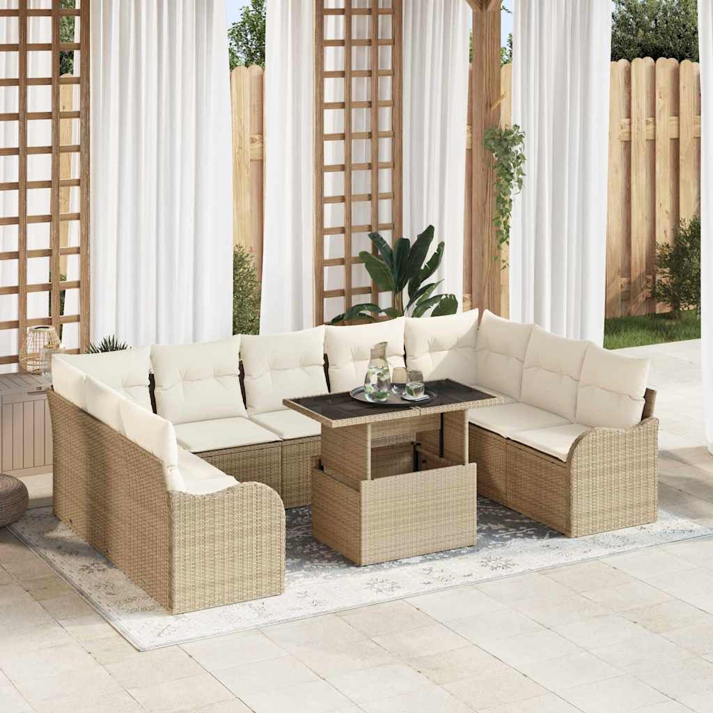 Tuin Sofa Set met kussen 10 pcs Beige Poly riet is nu te koop bij PeponiXL, paradijselijk wonen!