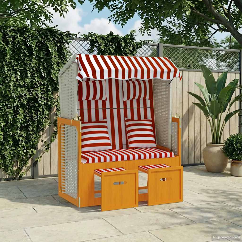 Strandstoel met kussens poly rattan en hout rood en wit is nu te koop bij PeponiXL, paradijselijk wonen!