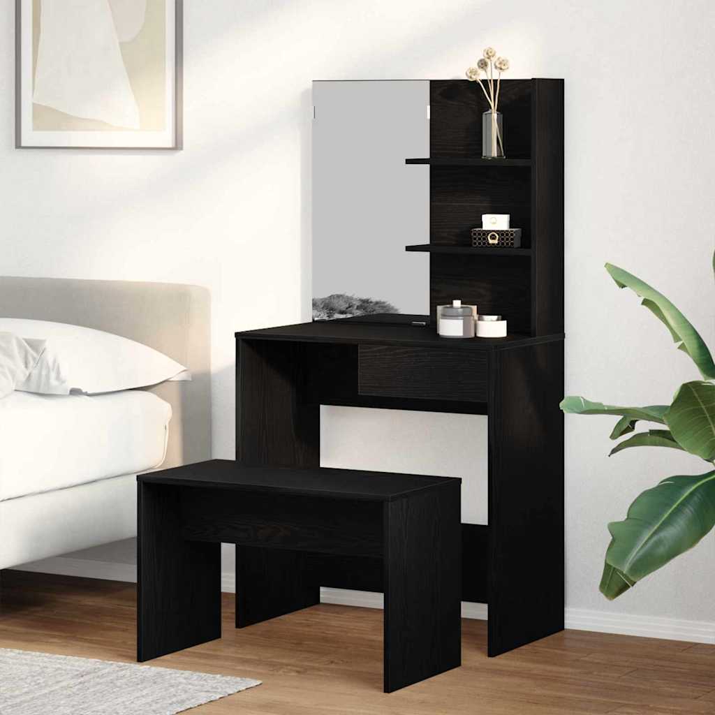Toilettafel Set met lade 2 pcs Zwart Eiken Bewerkt hout is nu te koop bij PeponiXL, paradijselijk wonen!