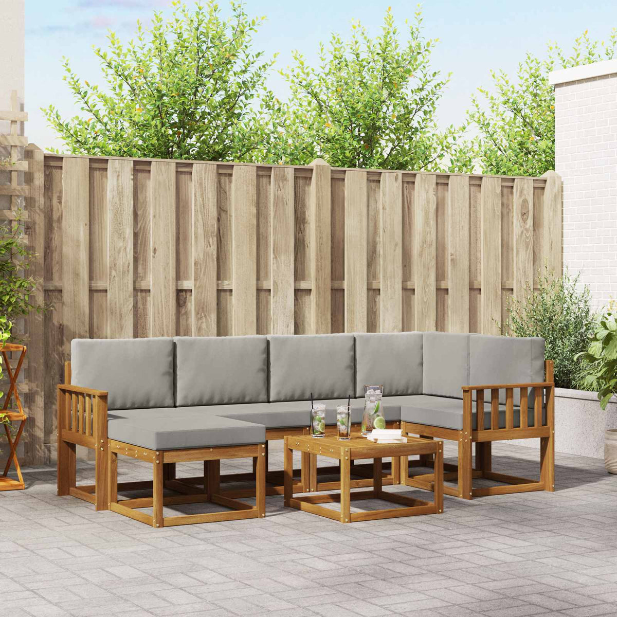 Buiten bankenset met kussen 7 pcs Natuurlijk en Lichtgrijs is nu te koop bij PeponiXL, paradijselijk wonen!