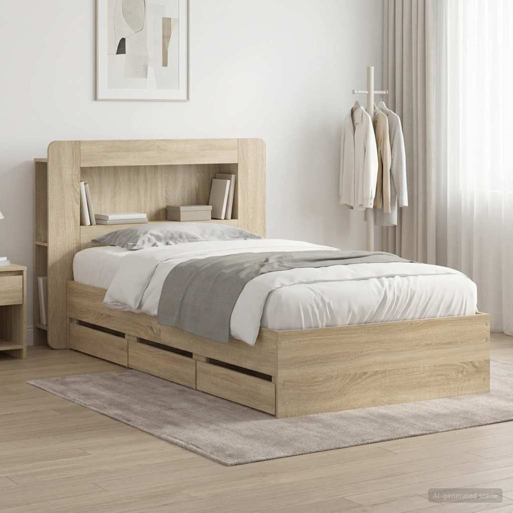 Bedframe met opslag Sonoma Eiken 75 x 190 cm Bewerkt hout is nu te koop bij PeponiXL, paradijselijk wonen!