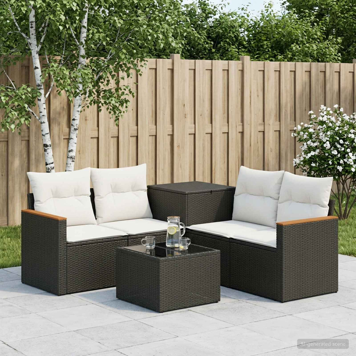 Bankstel 6 st Zwart en Cream Wit Poly Rattan en Staal is nu te koop bij PeponiXL, paradijselijk wonen!