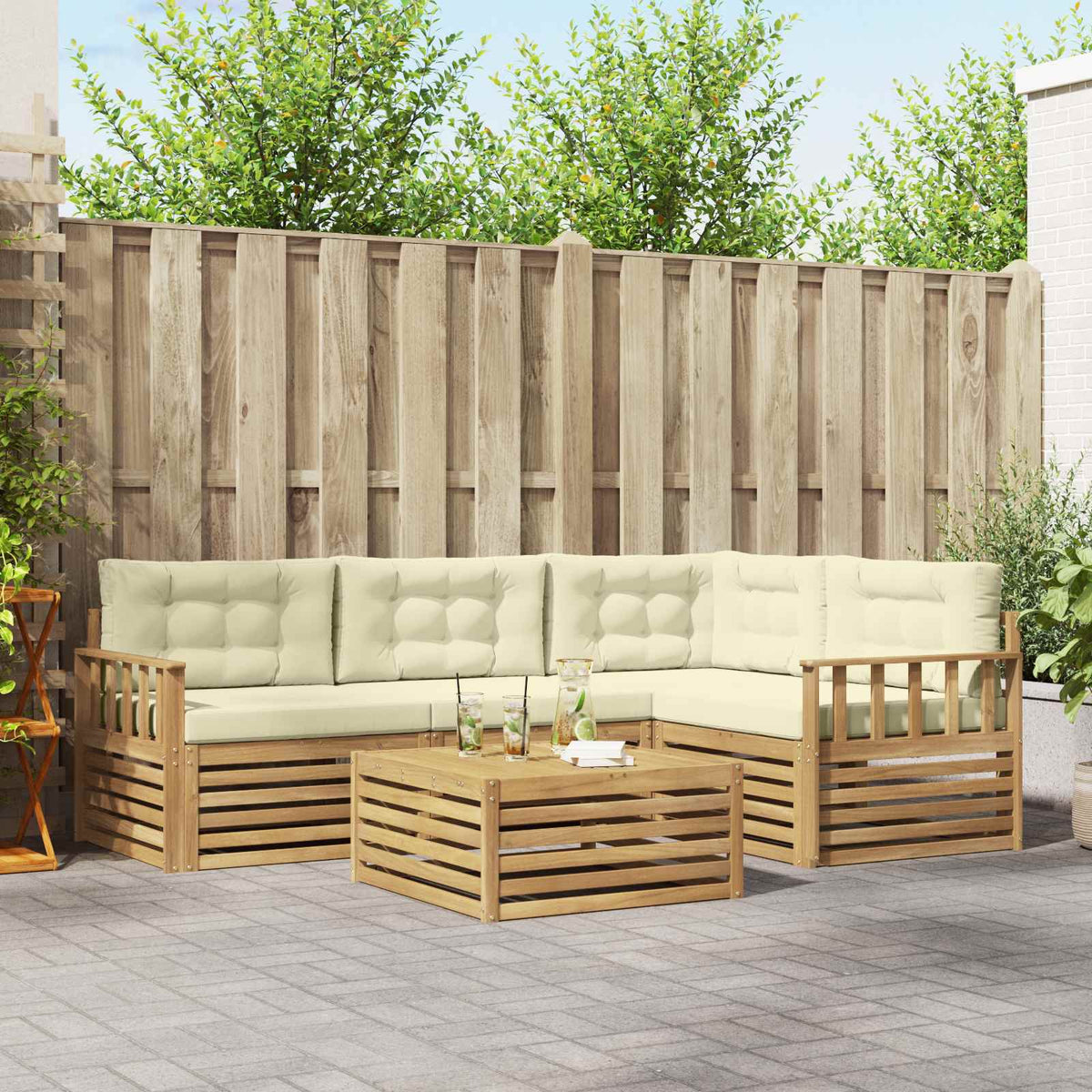 Buiten bankenset met kussen 6 pcs Wit en crèmekleurig Polyester is nu te koop bij PeponiXL, paradijselijk wonen!