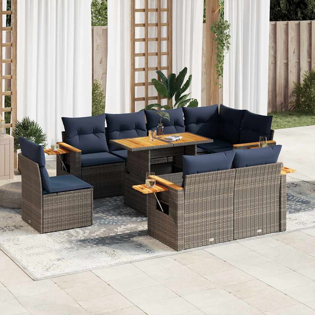 9-delige Loungeset met kussens poly rattan acacia grijs is nu te koop bij PeponiXL, paradijselijk wonen!