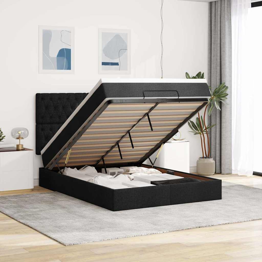 Ottoman bed met matras en LED's 140x200cm stof zwart is nu te koop bij PeponiXL, paradijselijk wonen!