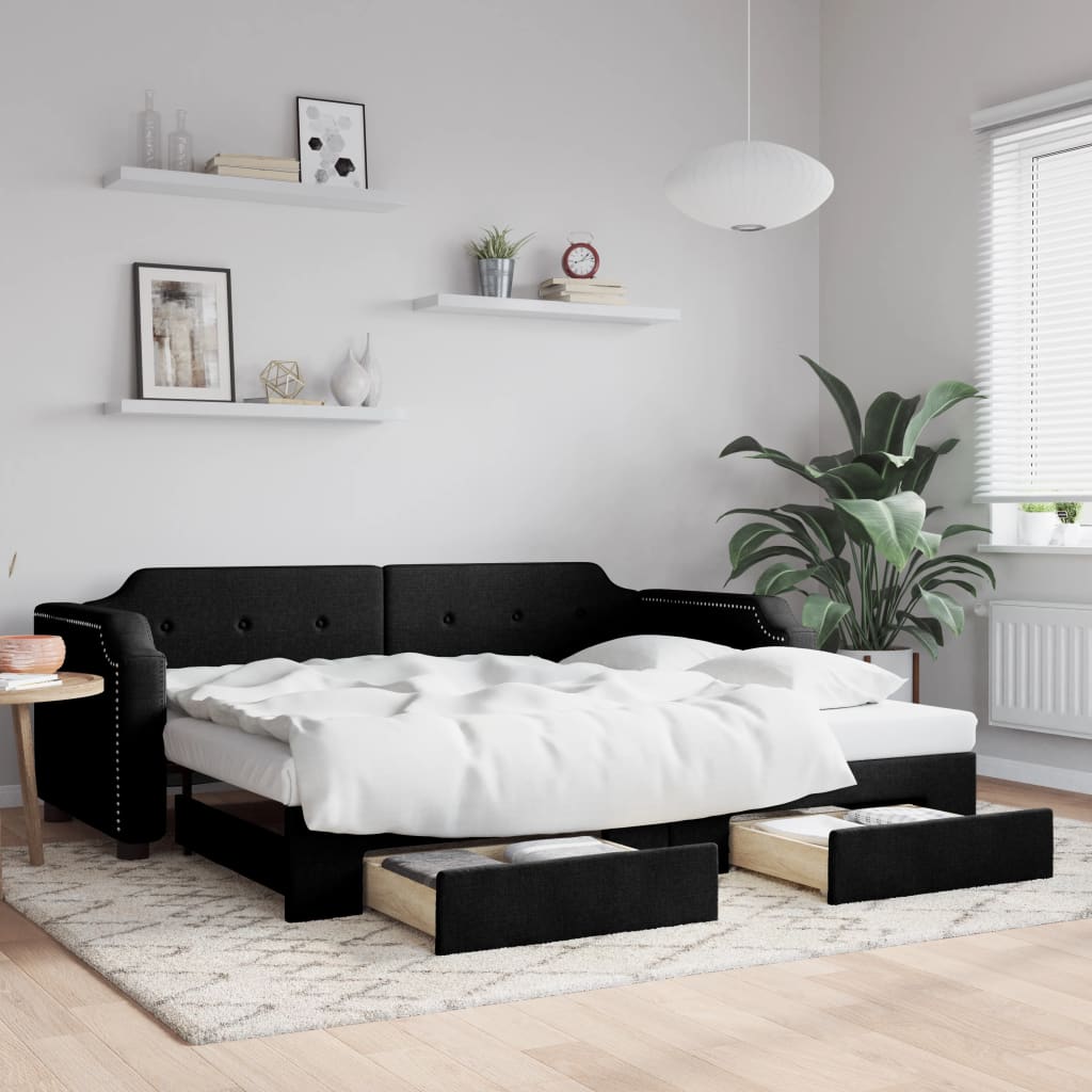 Slaapbank met onderschuifbed en lades 90x200 cm stof zwart is nu te koop bij PeponiXL, paradijselijk wonen!