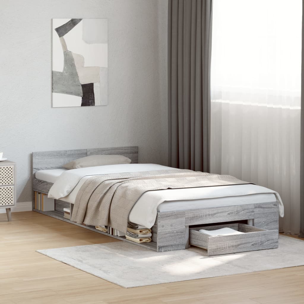 Bedframe met lade bewerkt hout grijs sonoma eiken 100x200 cm is nu te koop bij PeponiXL, paradijselijk wonen!