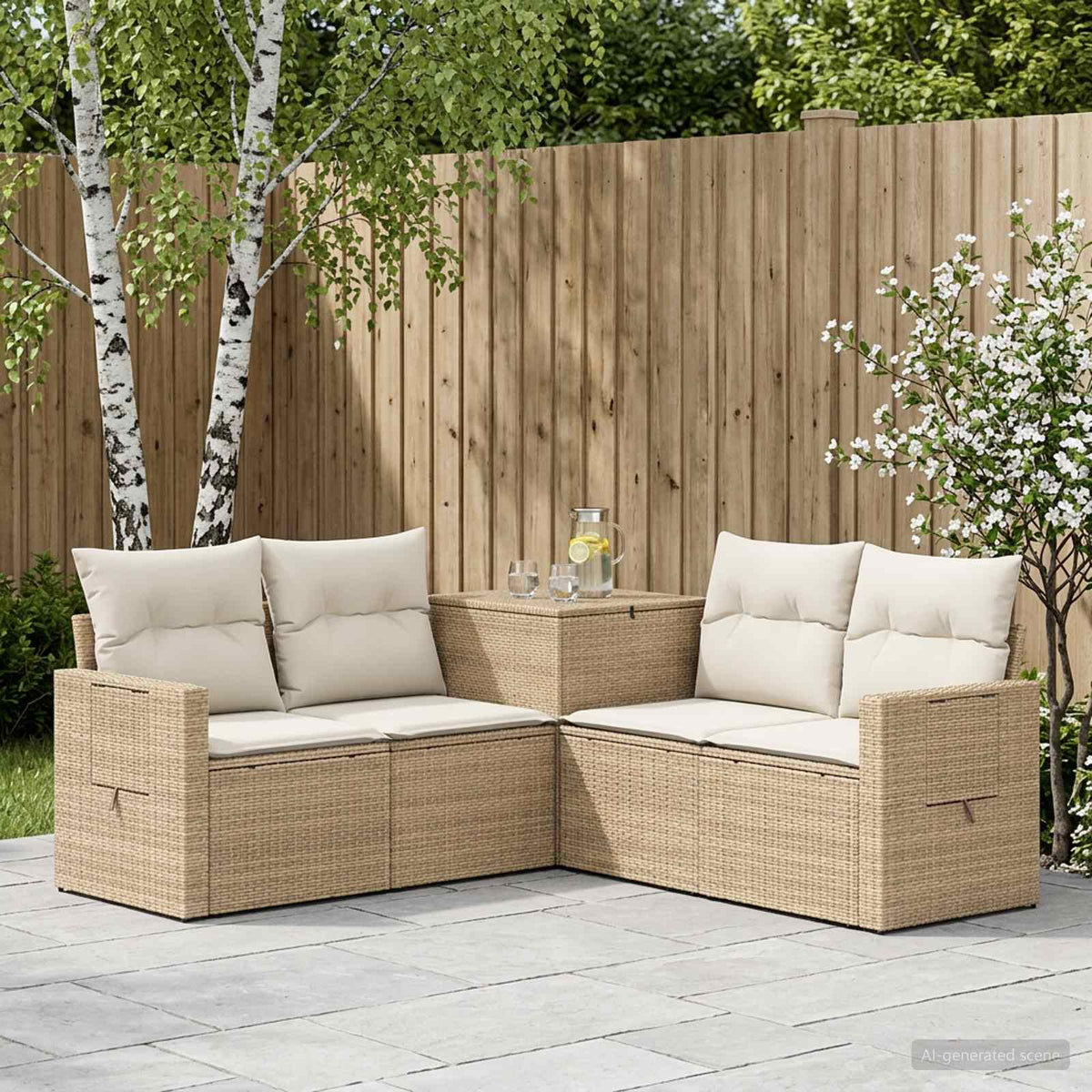 Bankstel 5 st Beige en Crème Wit Poly Rattan en Staal is nu te koop bij PeponiXL, paradijselijk wonen!