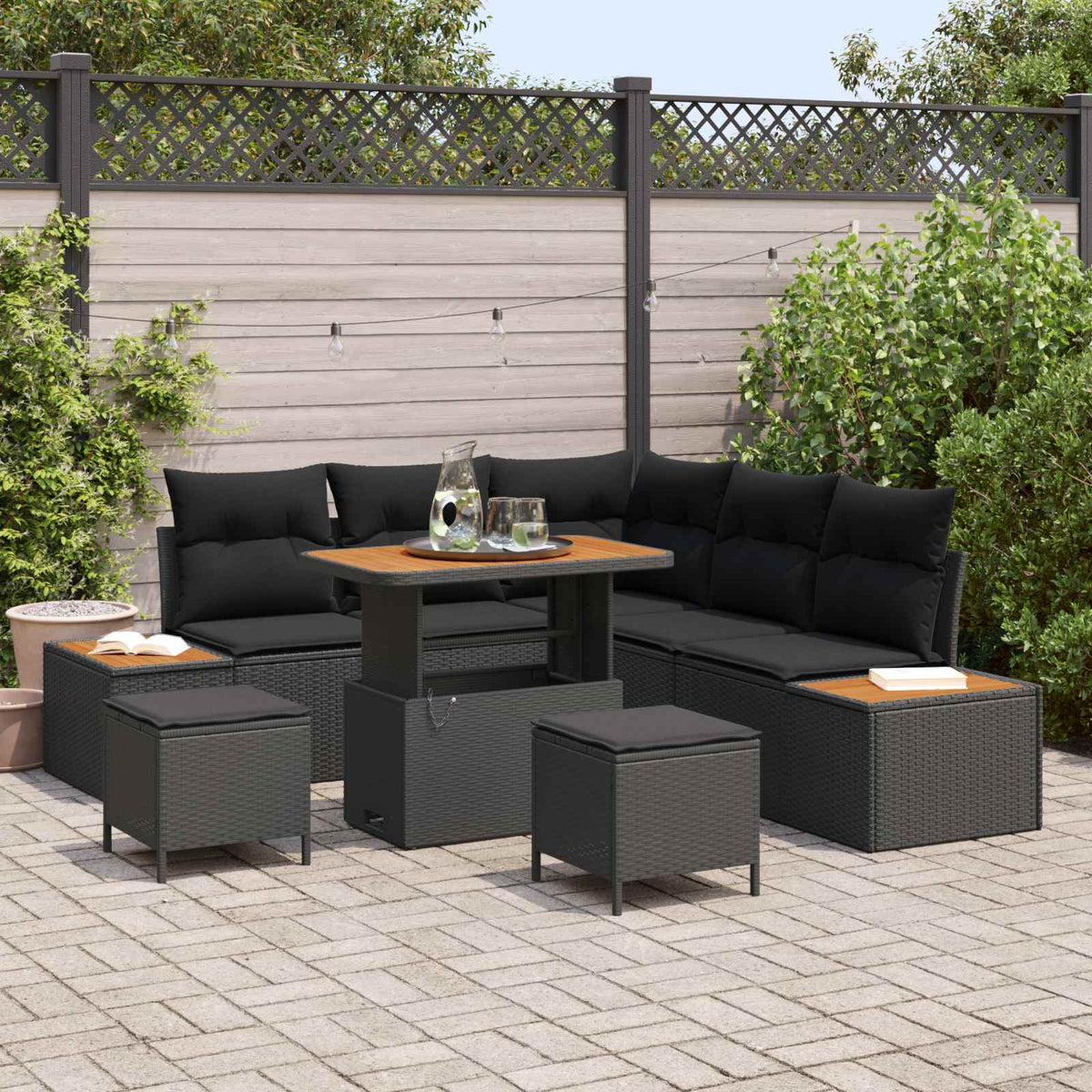 Tuinbankenset met kussen met opslag 8 pcs Zwart Poly riet is nu te koop bij PeponiXL, paradijselijk wonen!