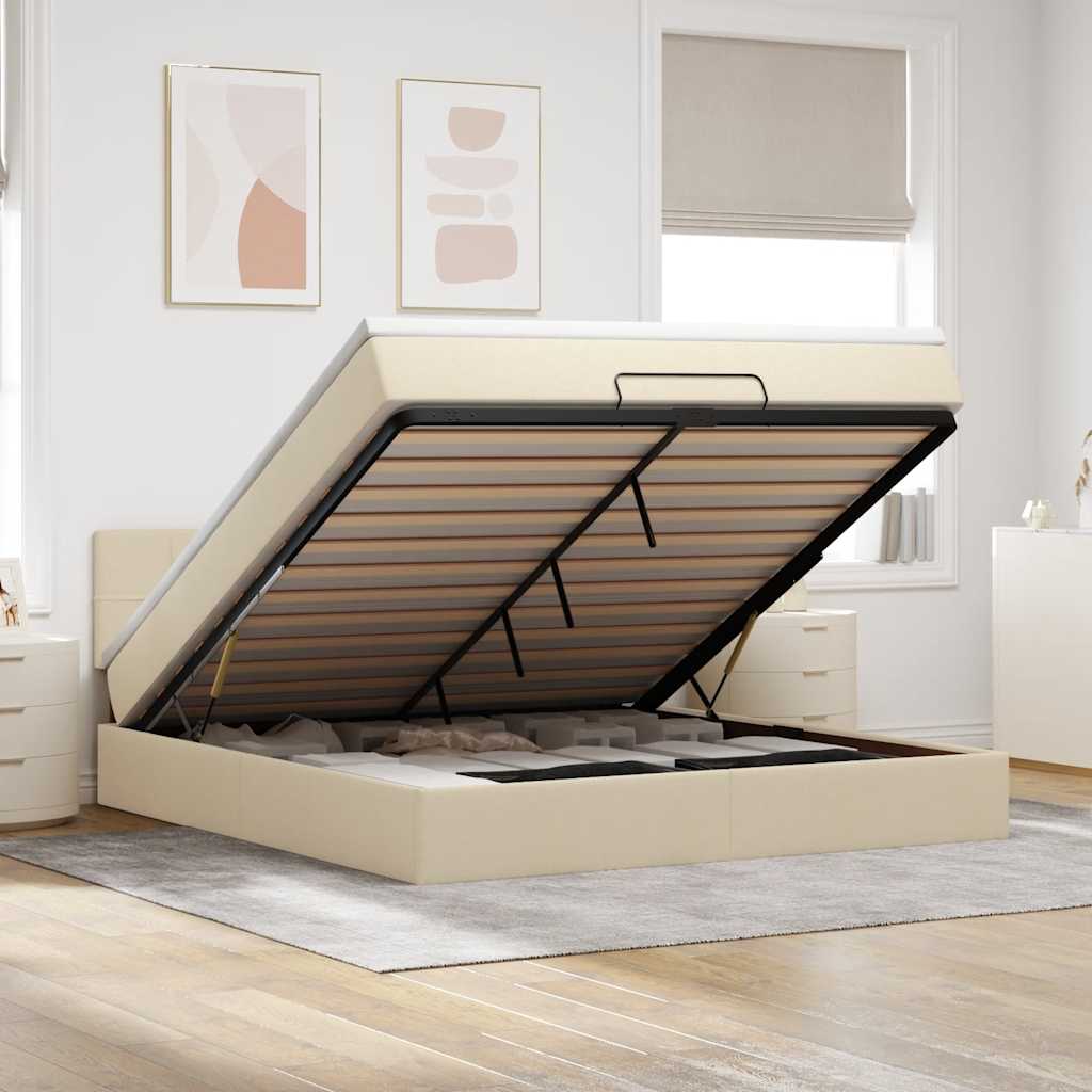 Bed poef met matras en LED's 180x200 cm stof crèmekleurig is nu te koop bij PeponiXL, paradijselijk wonen!