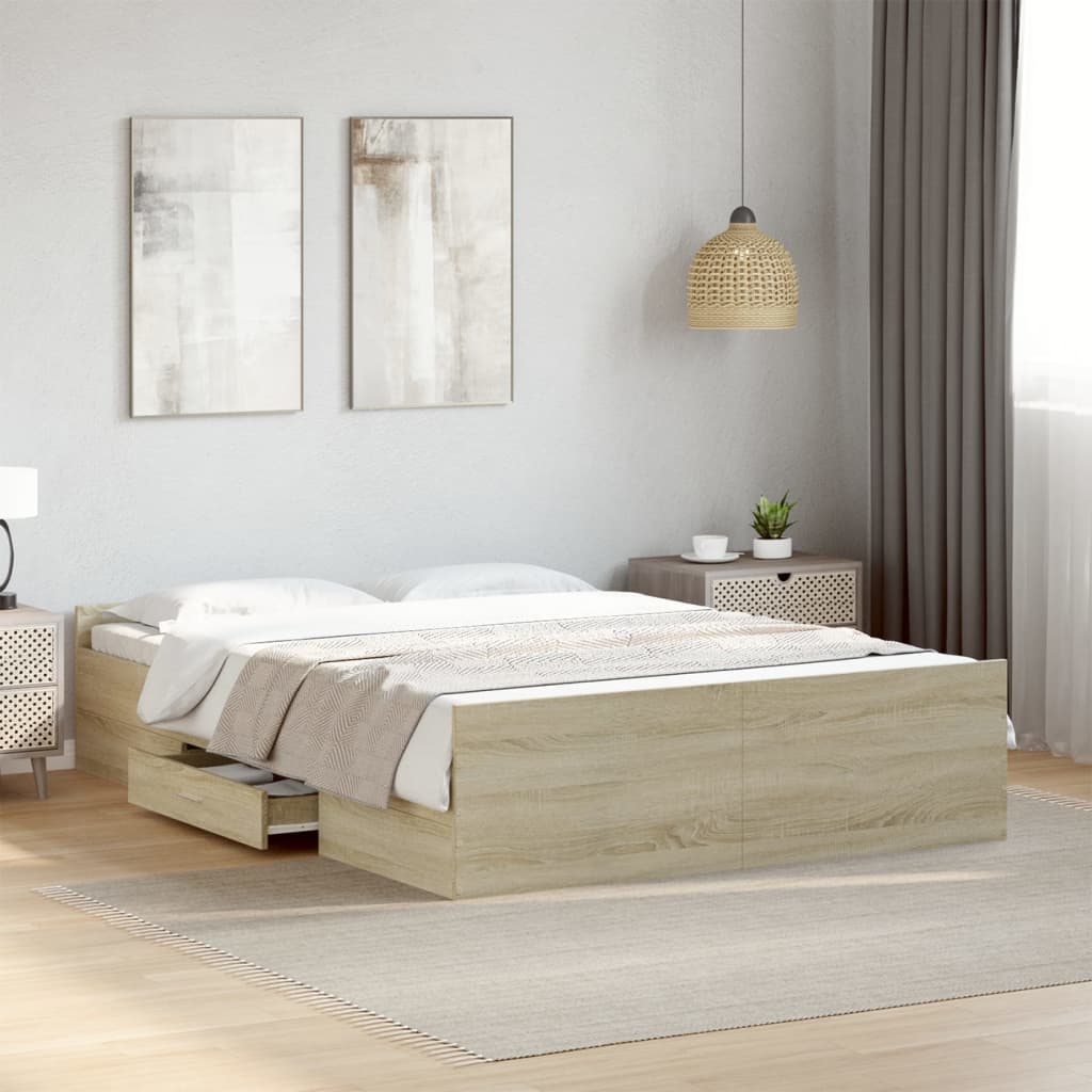 Bedframe met lades bewerkt hout sonoma eikenkleurig 135x190 cm is nu te koop bij PeponiXL, paradijselijk wonen!