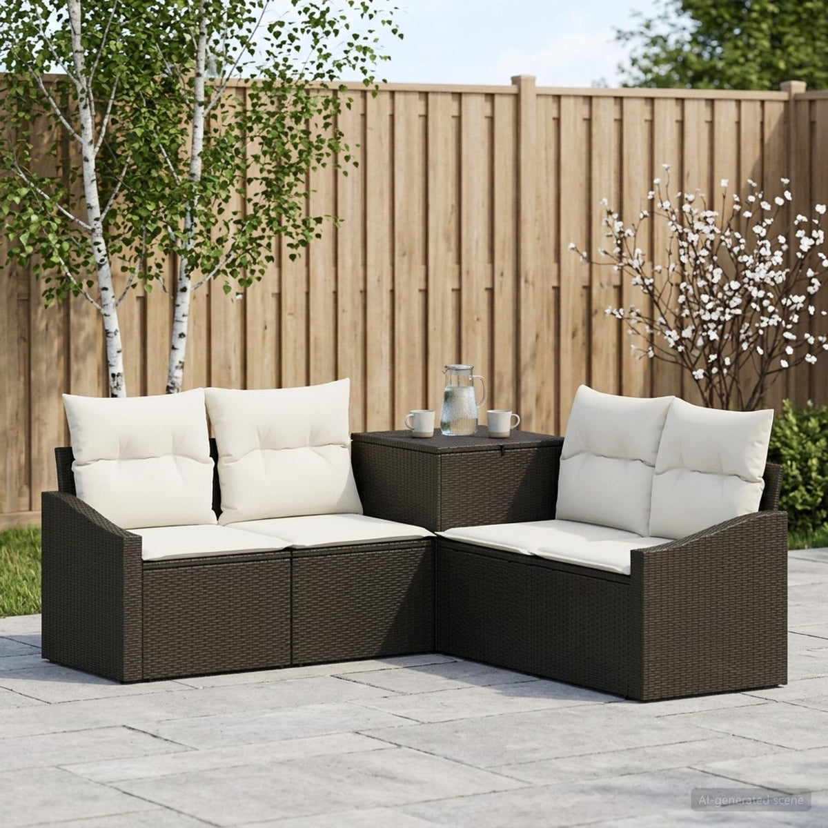 Bankstel 5 st Zwart en Cream Wit Poly Rattan en Staal is nu te koop bij PeponiXL, paradijselijk wonen!