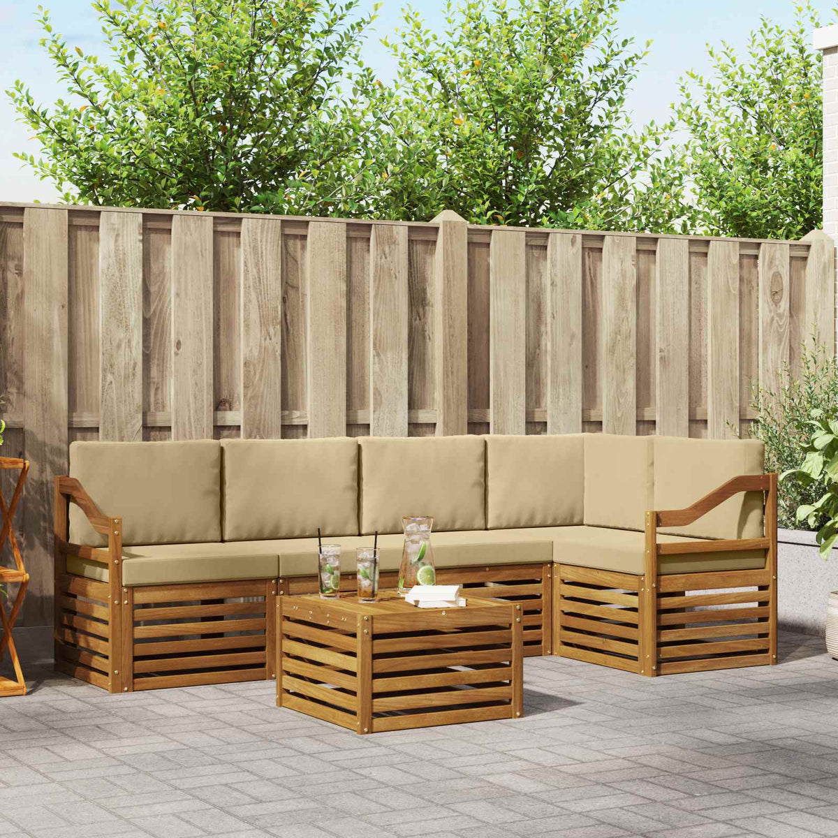 Hoekbank Set 6 pcs Natuurlijk en Beige Massief Acaciahout is nu te koop bij PeponiXL, paradijselijk wonen!